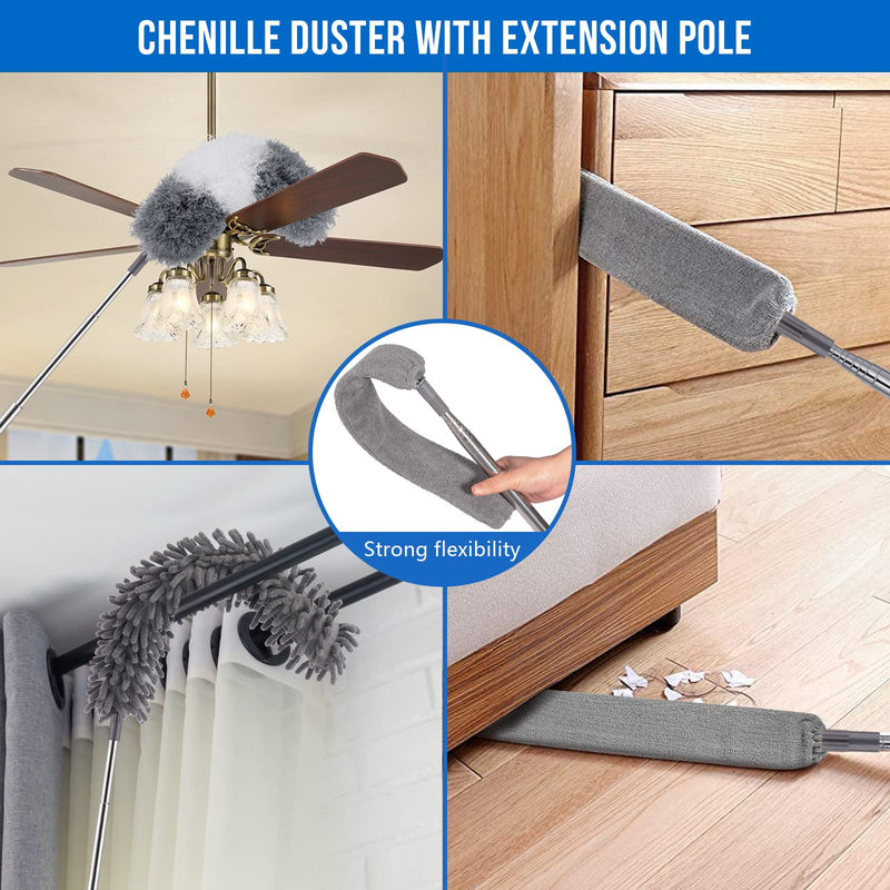 Dusters for Cleaning, Extendable Microfiber Duster with Extension Pole 30 to 100 Inches, Reusable Bendable Dusters Long Feather Duster Kit for Cleaning High Ceiling Fan, Lamp, Furniture, Blinds, Car