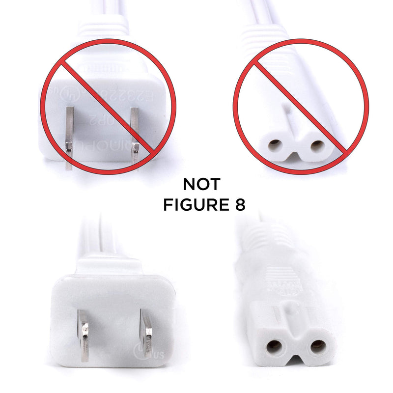 2 Prong Power Cord with Premium Quality Copper Wire Core - Polarized (Square/Round) for Satellite, CATV, Motorola & PS } NEMA 1-15P to C7 / IEC320 - UL Listed - White, 6ft Power Cable 6 Feet (1.8 Meter)