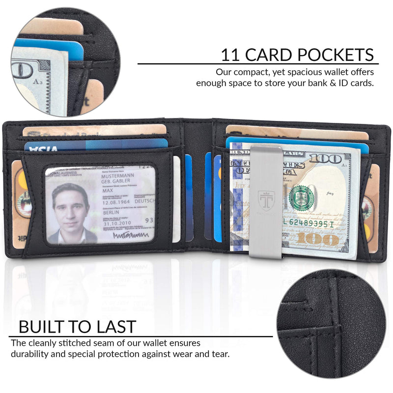TRAVANDO Mens Slim Wallet with Money Clip AUSTIN RFID Blocking Bifold Credit Card Holder for Men with Gift Box Black