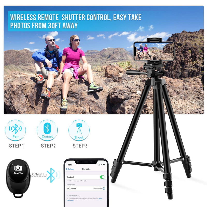 【New Version】 Phone Tripod, Premium Aluminum Alloy Camera Tripod with Cell Phone Mount & Wireless Bluetooth Remote, Professional 50" Extendable Portable Tripod Stand, Compatible with iOS/Android