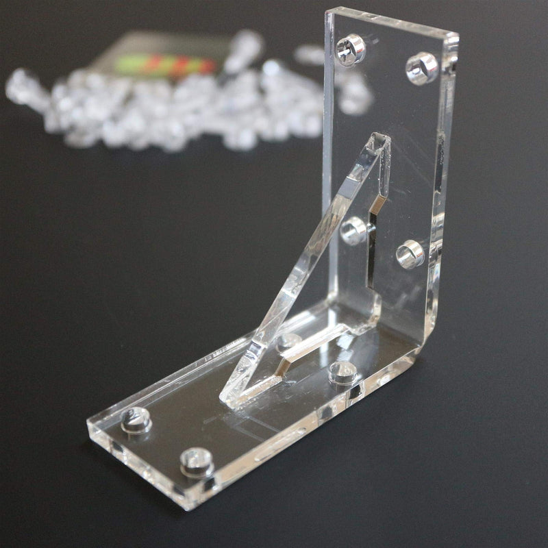 4 x V4, 5mm thickness, Reinforced, Strong, Angled L Brackets, Polished Clear Acrylic + 40x M5 Bolts, Clear Right Angle Bracket