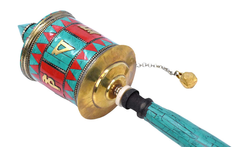 Hand Held Tibet Prayer Wheel – Tibetan Prayer Wheel Handheld Spinning Wheel with Om Mani Padme Hum Stone Inlay for Gifts Nepal Decor by Mudra Crafts