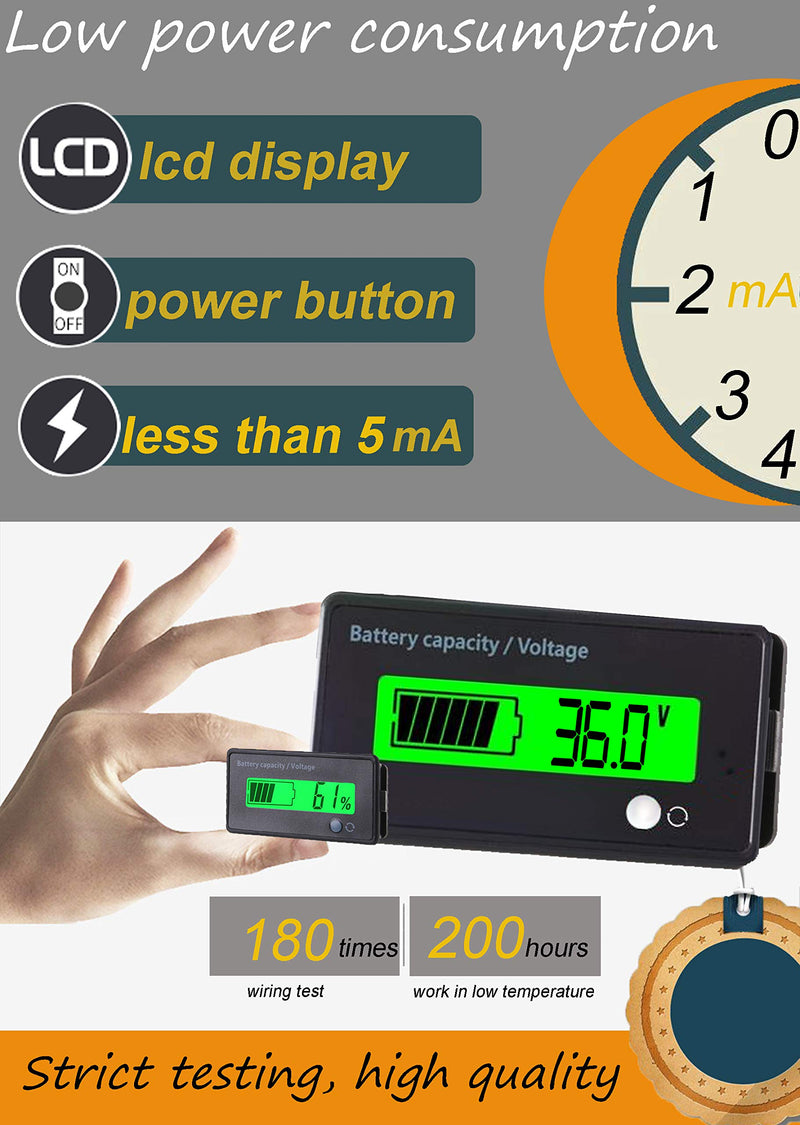 Multifunctional Battery Capacity Monitor 36V LCD Battery Fuel Gauge Indicator Meter for Motorcycle Golf Cart Car, Green