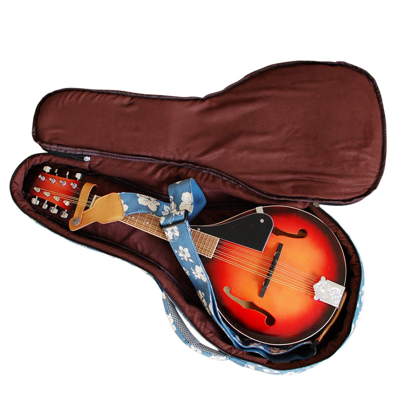 MUSIC FIRST Original Design 15mm Thick Padded Hawaii Style “Blue and White Plumeria” Cotton Canvas A & F Style (Standard) Mandolin Gig Bag Soft Mandolin Case Fits for Most of A Mandolin, Salute ELVIS