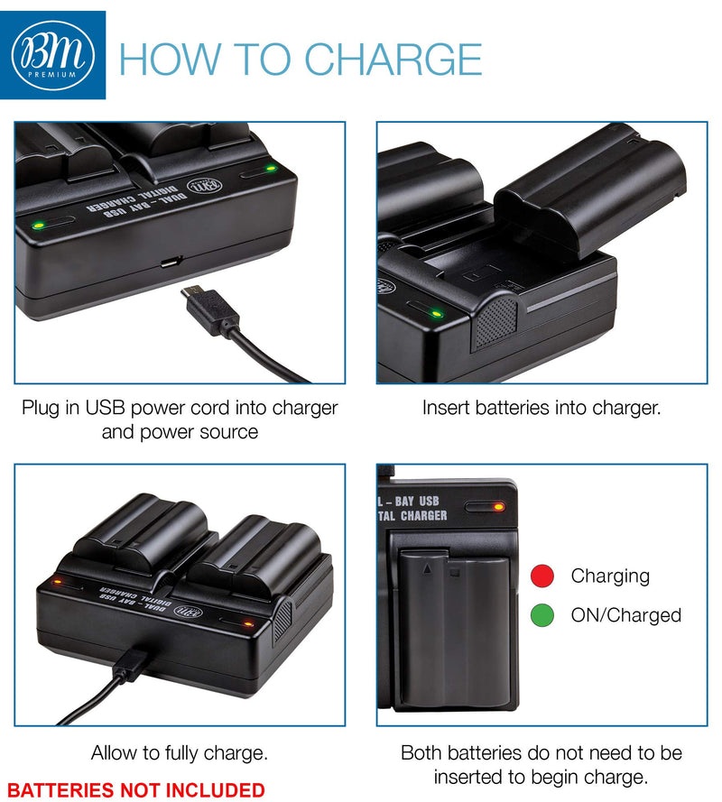 BM Premium Pack of 2 EN-EL15 Batteries and USB Dual Battery Charger Kit for Nikon D7500, 1 V1, D500, D600, D610, D750, D800, D810, D810A, D850, D7000, D7100, D7200 Digital SLR Cameras