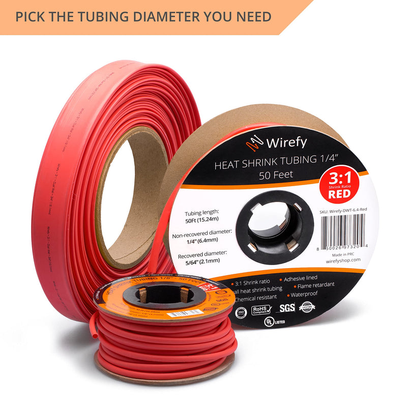 Wirefy 1/4" Heat Shrink Tubing - 3:1 Ratio - Adhesive Lined - Marine Grade Heat Shrink - Red - 50 Feet Roll 1/4" - 50 Feet