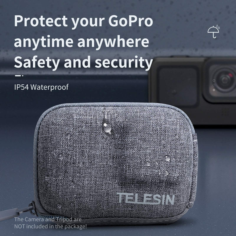 TELESIN Small Carry Case for GoPro Hero 10 Hero 9 9 Black, Pocket Size Protective Case Travel Bag with Half Open Zipper Supports Connecting with Go Pro 10 9 Selfie Stick and Tripod Accessories Grey Case