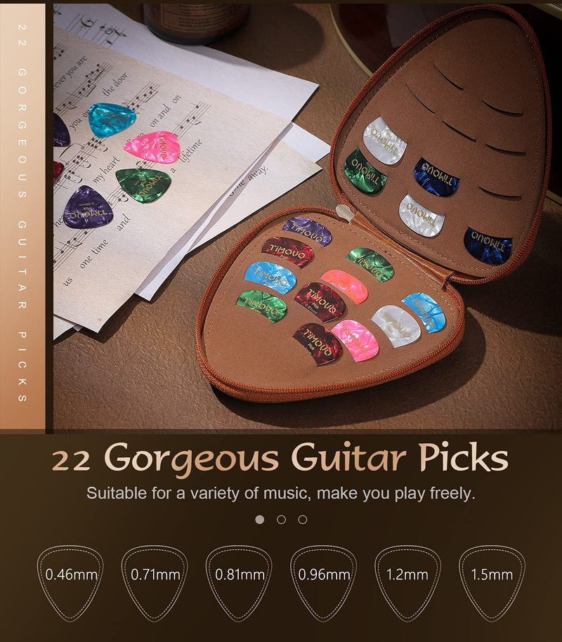TiMOVO Guitar Picks Holder Case with 22pcs Colorful Picks, Variety Pack Picks Storage Pouch Box, PU Leather Guitar Plectrums Bag for Acoustic Electric Guitar Bass, Gift for Guitar Players, Brown