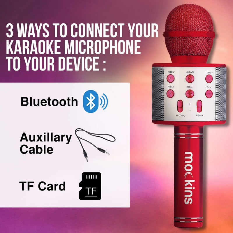 Mockins Wireless Bluetooth Karaoke Microphone with Built in Bluetooth Speaker All-in-One Karaoke Machine | Compatible with Android & iOS iPhone - Red Color