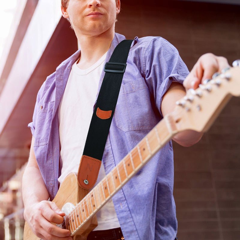 [AUSTRALIA] - Guitar Strap, 100% Cotton Full Grain Leather Ends Guitar Straps with Pick Pocket for Bass, Electric & Acoustic Guitar, Come with Free Strap Button, 1 Pair Strap Locks and 4 Guitar Picks (Black) A# - Black 