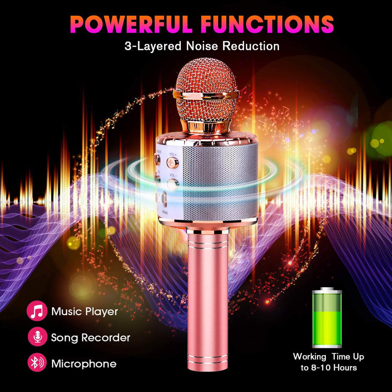 ShinePick Karaoke Wireless Microphone, 5 in 1 Recording & Singing Microphone for Kids Adults, Dancing LED Lights Portable Speaker Karaoke Machine, Bluetooth Microphone for Phone/Pad/TV (Pink) Rose gold