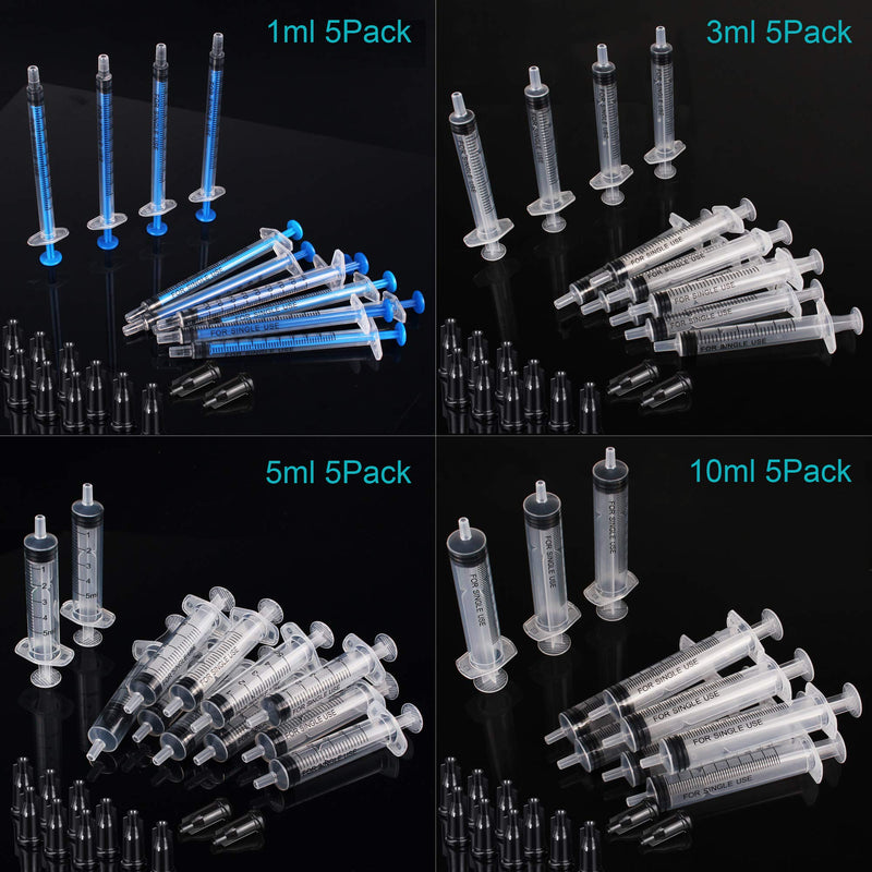 20 Pack Plastic Syringes - 1ml / 3ml / 5ml / 10ml - Separate Sterile Packaging Syringe Without Needle with Caps,Suitable for Scientific Labs Measurement, Measuring, Dispensing, Watering, Refilling