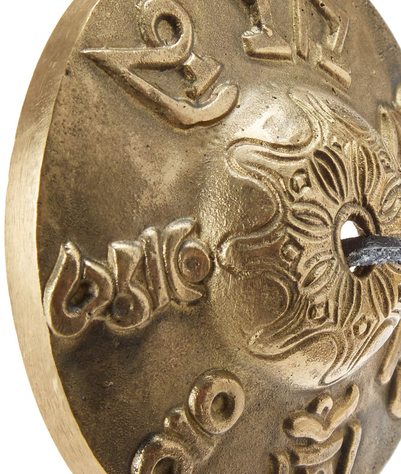 Tibetan Tingsha Cymbals ~2.75 inches-"Om Mane Padme Hum" Symbols Embossed~Hand Tuned Meditation Tibetan Bell ~ Traditional Percussion Instrument for folk devotional music~Handmade in Nepal