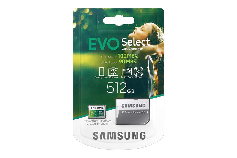 SAMSUNG EVO Select 512GB microSDXC UHS-I U3 100MB/s Full HD & 4K UHD Memory Card with Adapter (MB-ME512HA)