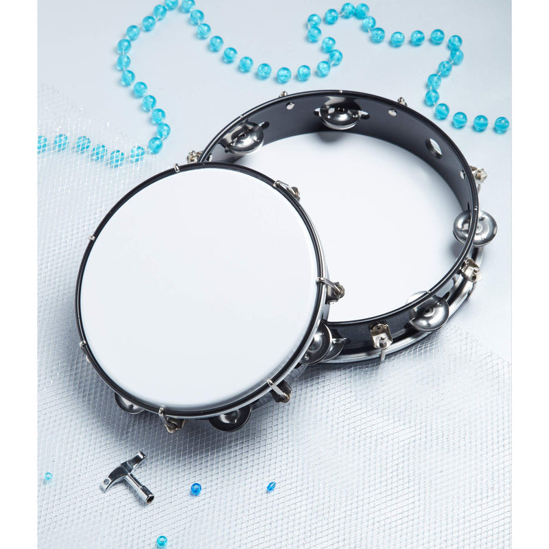 Tunable Tambourine with Key 8 inch Plastic Drum Head - 6 Pairs of Jingles 8 in Black