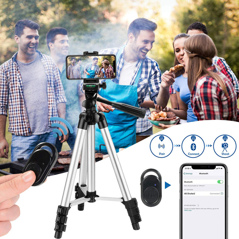 Phone Tripod,VOSSCOSS 42 Inch Aluminum 360 Lightweight Travelling Tripod Portable Camera Tripod for iPhone, Smartphone, DSLR Camera Stand with Phone Mount & Bluetooth Wireless Remote Control - Silver White