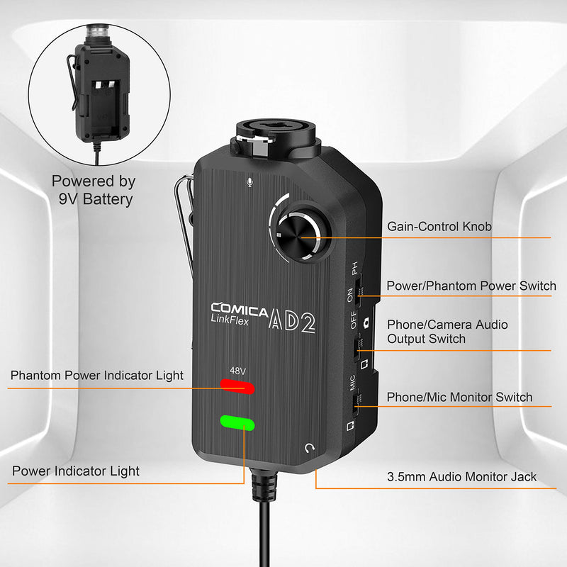 [AUSTRALIA] - Comica LINKFLEX AD2 XLR/ 6.35mm Audio Preamp Adapter, with 48V Phantom Power, Real Time Monitor, Guitar Interface Microphone Preamp for iPhone, iOS, Android, Tablet and DSLR Cameras CVM-LINFLEX.AD2 