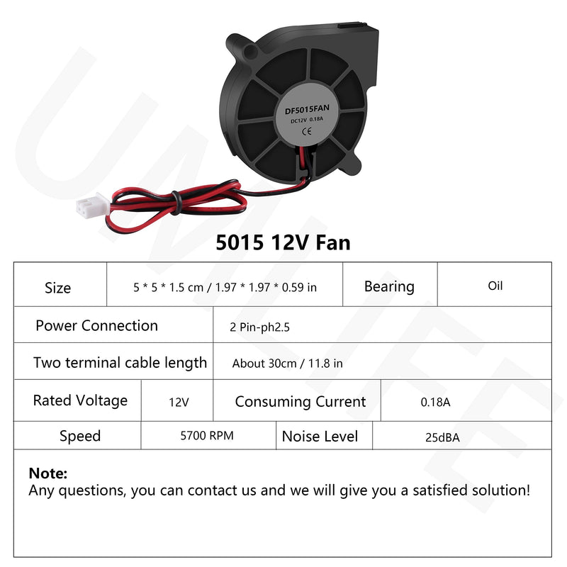 5015 Brushless Cooling Fan 4PCS 3D Printer Blower DC 12V Fans 50x50x15mm Fan for Hotend Extruder Heat Sinks with 2 Pin Terminal and Other Small Appliances Series Repair Replacement(12V 0.18A) 12V(5015)