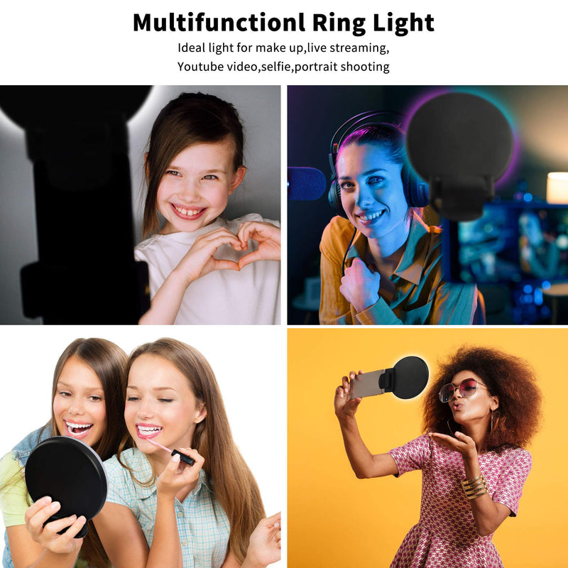 Upgraded RGB Selfie Ring Light, Mini LED Clip on Circle Ring Light with Makeup Mirror for Phone Camera Video Recording Live Stream Photography Lighting (13 Light Mode, AL20 Black)