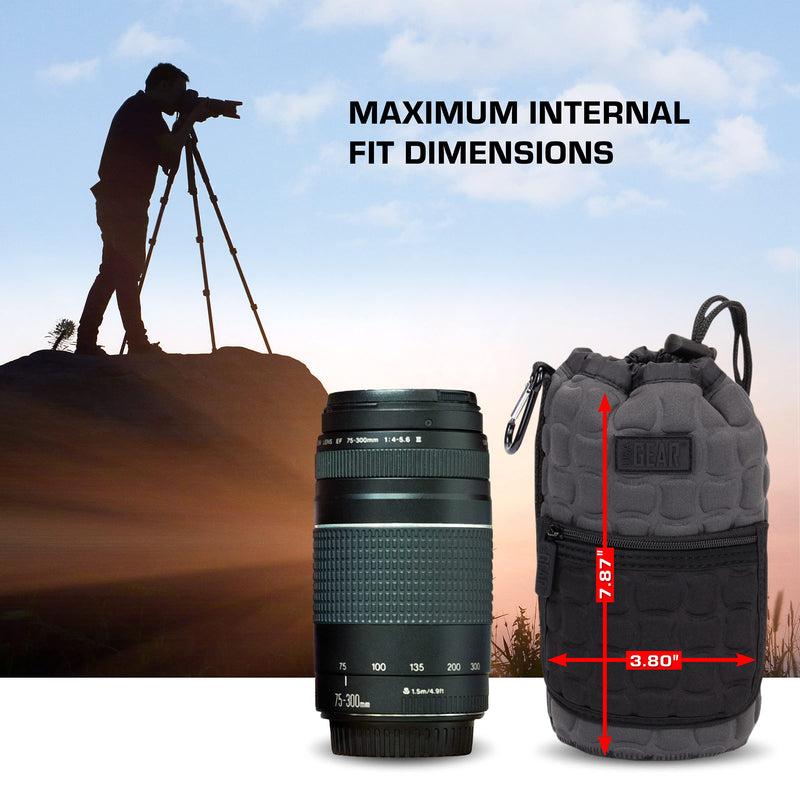 USA GEAR FlexARMOR-X Large Lens Case Pouch with Deluxe Padded Neoprene Protection - Holds Lens up to 70-300mm with Drawstring Opening, Built-in Carabiner Clip, Reinforced Belt Loop and Zippered Pocket Black and Gray
