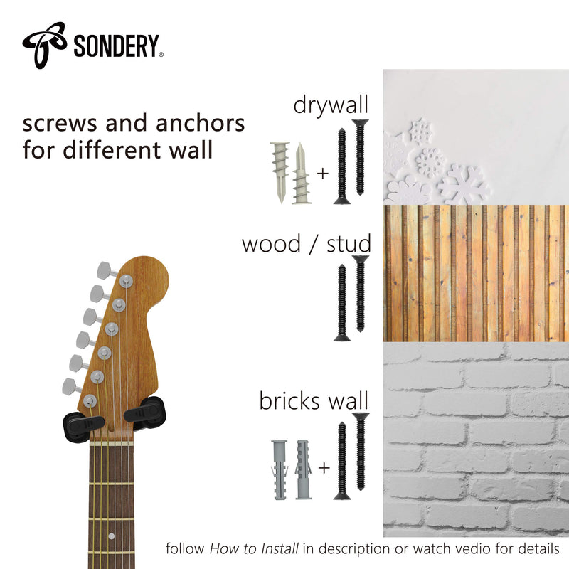 Sondery Guitar Hanger Wall Mount - Adjustable Guitar Hook Holder for Acoustic and Electric Guitar, Ukulele and Bass with Real Wood Base and Black Cradle for Instrument Display 2 Pack