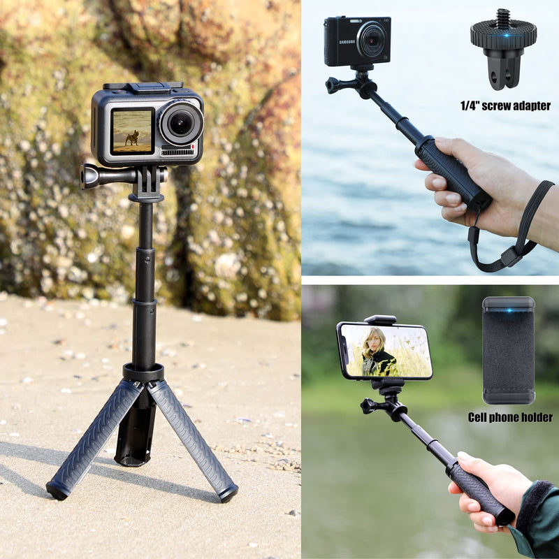 YALLSAME Mini Tripod for GoPro Hero 11 10 9 8 7 6 5 DJI Action Extension Pole Portable Pocket Tabletop Handgrip Extendable Vlog Selfie Stick with Phone Clip Compatible with iPhone Digital Camera