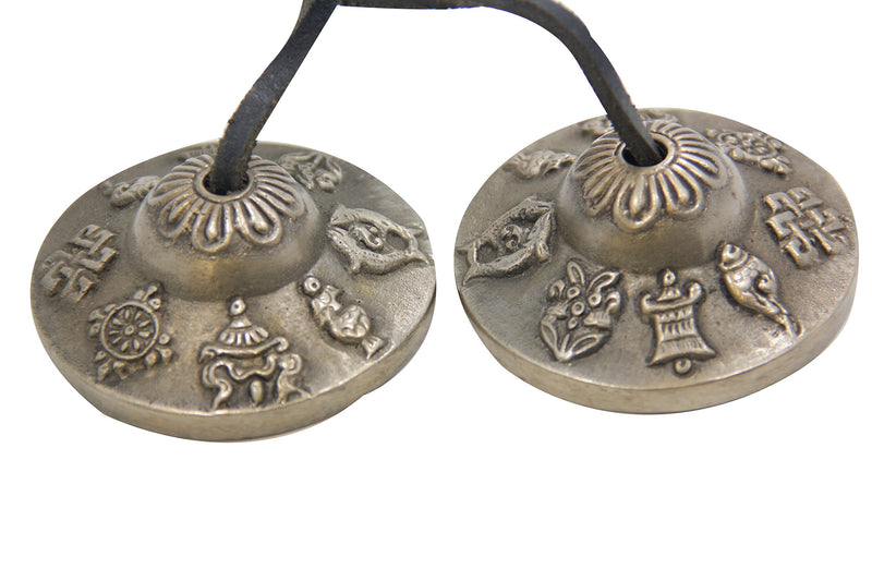 DharmaObjects Tibetan Premium Quality"8 Lucky Symbols" Tingsha Cymbals 2.25" With Pouch Medium 8 Lucky Symbol