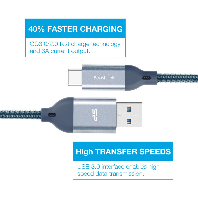 [AUSTRALIA] - Silicon Power QC 3.0 USB Type-C to USB-A 3.0 Fast Charging Data Transfer Charger Cable, 3.3ft Nylon Braided, Gray 