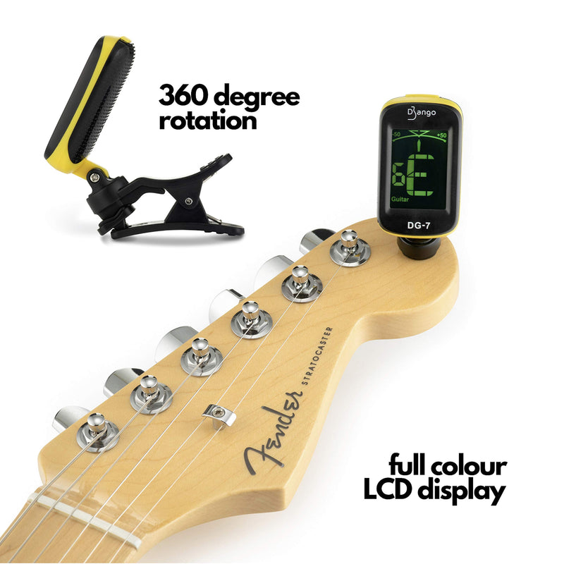 Django Guitar Tuner by Pick Geek | for Acoustic, Bass, Electric, Ukulele, Violin, & Classical Guitars | Fast and Accurate | Includes Chromatic Tuning | Clip-on and Easy To Use | Battery Included Django Tuner
