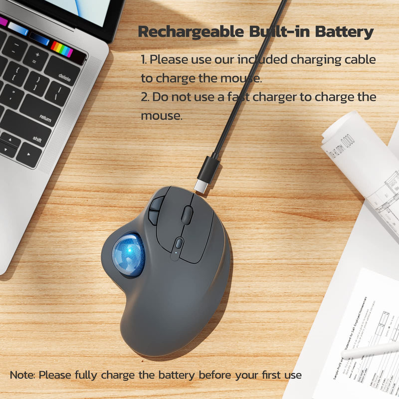 Wireless Trackball Mouse, Rechargeable Ergonomic Mouse, Easy Thumb Control, Precise & Smooth Tracking, 3 Device Connection (Bluetooth or USB), Compatible for PC, Laptop, iPad, Mac, Windows, Android Grey-Blue