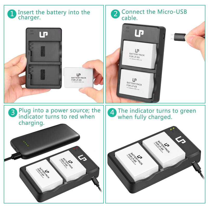 LP-E8 Battery Charger Pack, LP 2-Pack Battery & Dual Slot Charger, Compatible with Canon EOS Rebel T2i, T3i, T4i, T5i, 550D, 600D, 650D, 700D, Kiss X4, X5, X6i, X7i Cameras &More(Not for T2 T3 T4 T5) Battery *2+2 Slot Charger