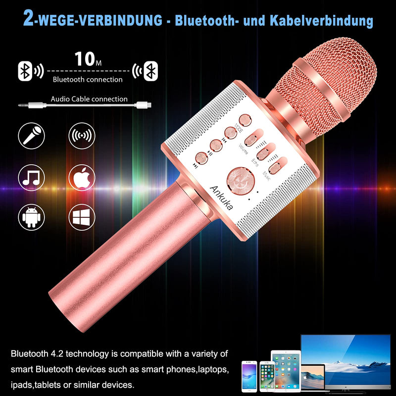 Ankuka Karaoke Wireless Microphones Machine, 4 in 1 Handheld Portable Bluetooth Home KTV Player for Kids, Superior Audio Quality for Singing & Recording, Compatible with Android & iOS (Rose Gold) Rose gold