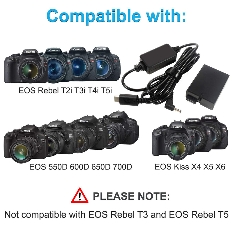 HQRP USB-C DC Converter Compatible with Canon ACK-E8 ACKE8 EOS Rebel T2i T3i T4i T5i EOS 550D 600D 650D 700D, EOS Kiss X4 X5 X6 Digital SLR Camera AC Adapter Power Cable, LP-E8 Battery Replacement
