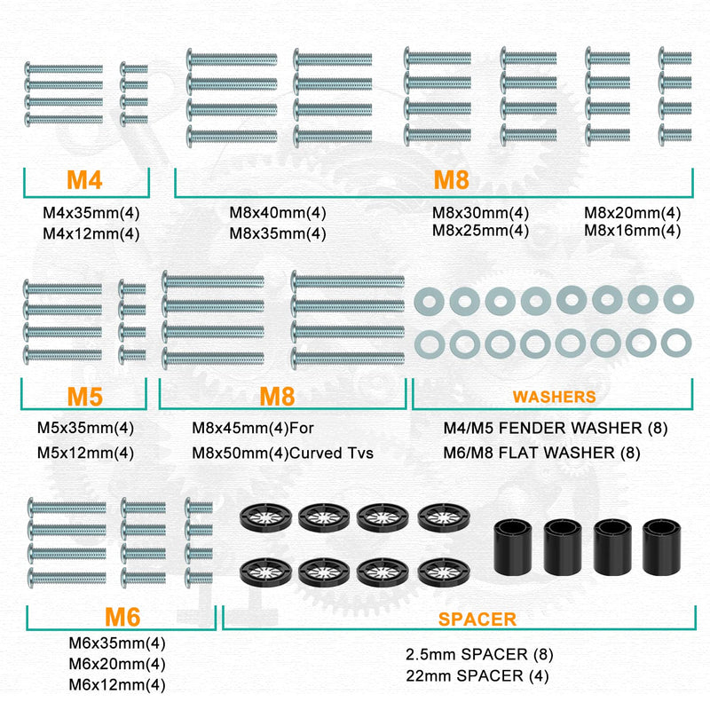 WALI TV Mount Screws, VESA TV Mounting Screws, M4 M8 M6 M5 Screws, Spacer Fit 65 80 55inch TV, up to 80 inch (UVSP-S), Silver