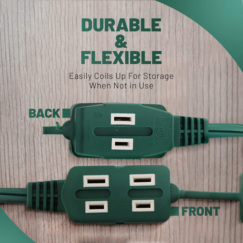12 Feet Green Extension Cord, 3 Outlet, 2 Prong, 16 Gauge Cable, 3 Receptacle Cube Tap, Indoor use, (2 Pack) - by Revpex 12 FEET 2 PACK