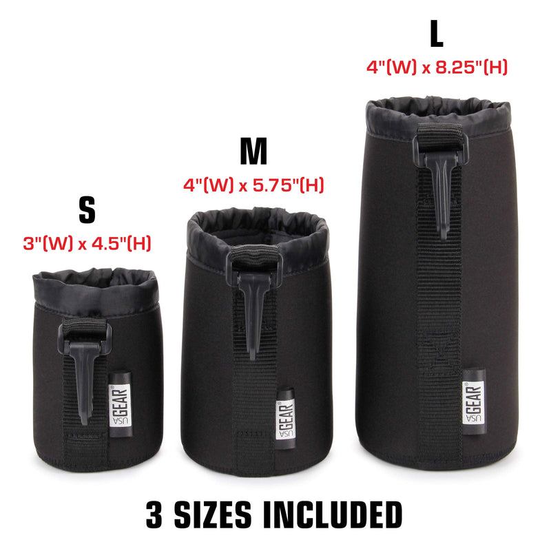USA GEAR FlexARMOR Protective Neoprene Lens Case Pouch Set 3-Pack - Small, Medium and Large Cases Hold Lenses up to 70-300mm with Drawstring Opening, Attached Clip, Reinforced Belt Loop (Black) Black
