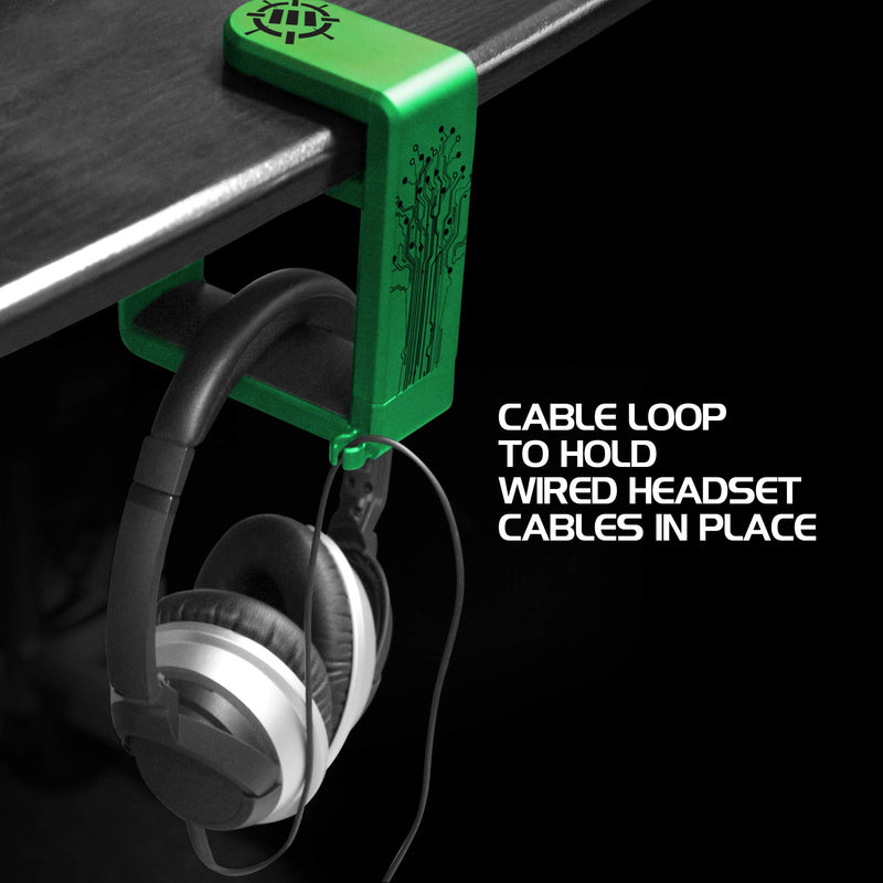 ENHANCE PC Gaming Headphone Holder - Desk Headphone Hanger Esports Headset Holder with Adjustable 360 Rotation, Under Desk Headphone Hook Clamp, Universal Fit - Built in Cable Clip Organizer - Green