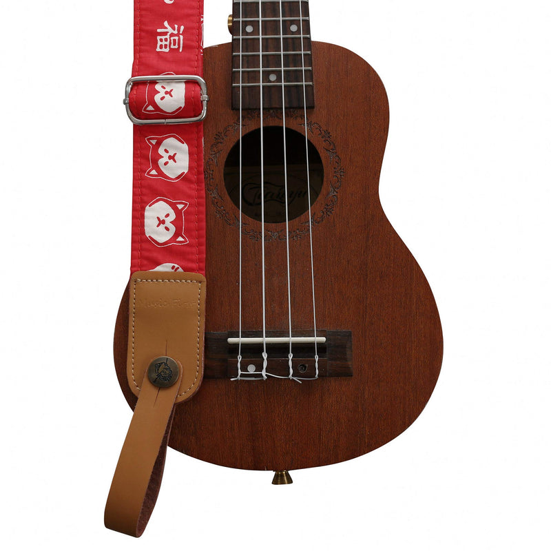 MUSIC FIRST Original Design Cute Cartoon “Red Serious Shiba Inu Dog” Soft Cotton & Genuine Leather Ukulele Strap Ukulele Shoulder Strap With a MUSIC FIRST Genuine Leather Strap Locker