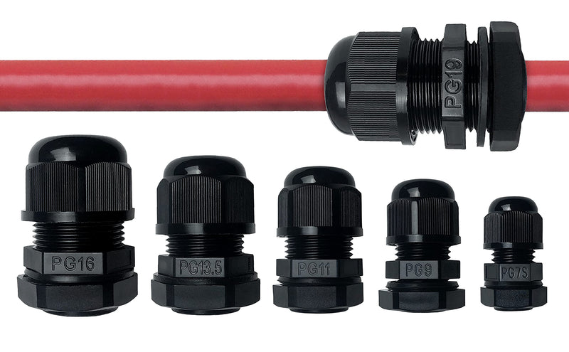 ANGSTROM Cable Gland Kit for Waterproof Junction Boxes and Cord Grip Strain Relief PG7 PG9 PG11 PG13.5 PG16 PG19 (41-Pack, Black) (41 pcs, Black) 41 pcs