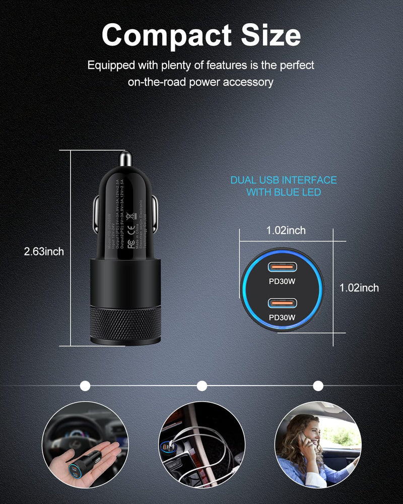 USB C Car Charger, 60W Cigarette Lighter Flush Adapter, Type C Fast Charging Car Plug Block for iPhone 13 Pro Max, Samsung Galaxy S21 Ultra, Pixel 6 Pro,3A XL, LG Stylo, AILKIN Automobile USB PD Port