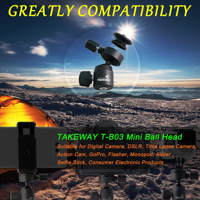 TAKEWAY T-B03 Mini Ball Head, 360 Degrees Rotatable Tilt Panoramic and Quick Release Plate with 1/4 inch Screew Hole, for DSLR Cameras, Tripods, Monopods, GoPro, Slider, Light Stand, Most Elect