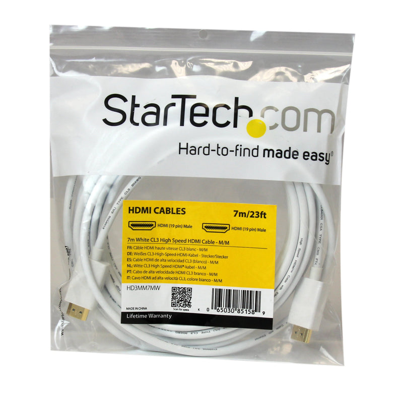 StarTech.com 7m 23 ft White CL3 in-Wall High Speed HDMI Cable - Ultra HD 4k x 2k HDMI Cable - HDMI to HDMI M/M - Audio/Video, Gold-Plated (HD3MM7MW) 7m / 23ft CL3 Rated