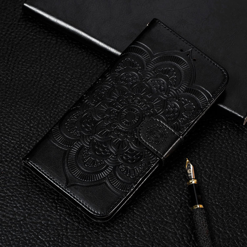 EYZUTAK Mandala Case for Samsung Galaxy A51 4G, Premium Leather Flip Wallet Card Slots Magnetic Stand Protective Cover Ultra Slim Case with Lanyard, Embossed Flip Cover-Black Black