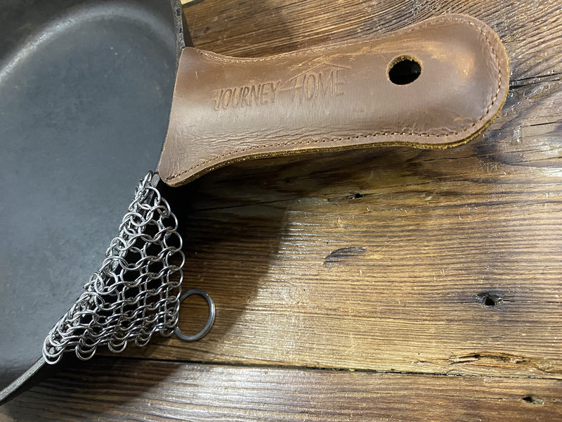 The Journey Home Cast Iron Skillet Handle Covers - Cast Iron Handle Cover w/ Metal Scrubber - Heat Resistant Leather Pan Handle w/ Hole - Cast Iron Accessories - Gift sets for men - Chainmail Scrubber