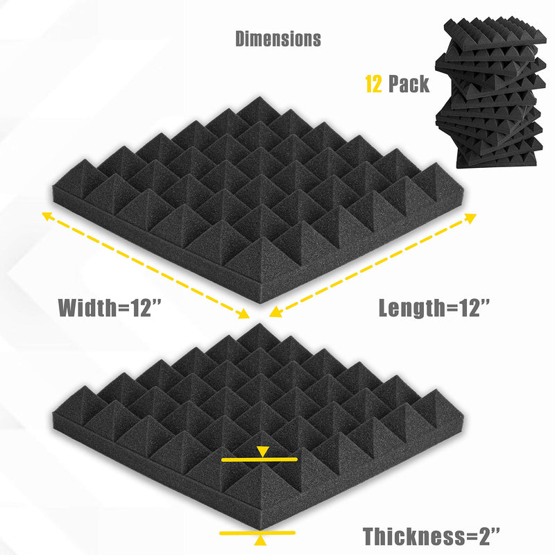 [AUSTRALIA] - 12 Pack Set Acoustic Foam Panels, Studio Wedge Tiles, 2" X 12" X 12" Acoustic Foam Sound Absorption Pyramid Studio Treatment Wall Panels 12 Pack 