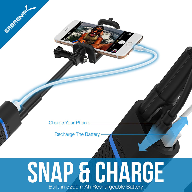 SABRENT Bluetooth Selfie Stick with Built-in 5200mAh Battery Charger (GR-SSTK)