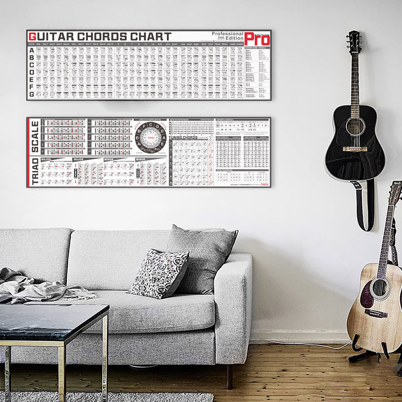 Guitar Chord Poster Chart of Guitar Chords Scales Triads Tone, Laminated Guitar Chord Chart Poster Bundle ( Set of 2 ) for Guitar Beginner Adult or Kid to Learn Acoustic Electric Guitar, Waterproof 16'' x 55''
