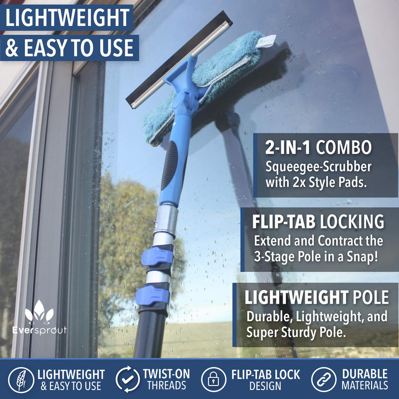 EVERSPROUT 1.5-to-4 Foot Swivel Squeegee and Microfiber Window Scrubber (8-10 Ft Standing Reach) | 2-in-1 Window & Glass Cleaning Combo | Lightweight, Aluminum Extension Pole | Includes 10-inch Blades 4 feet