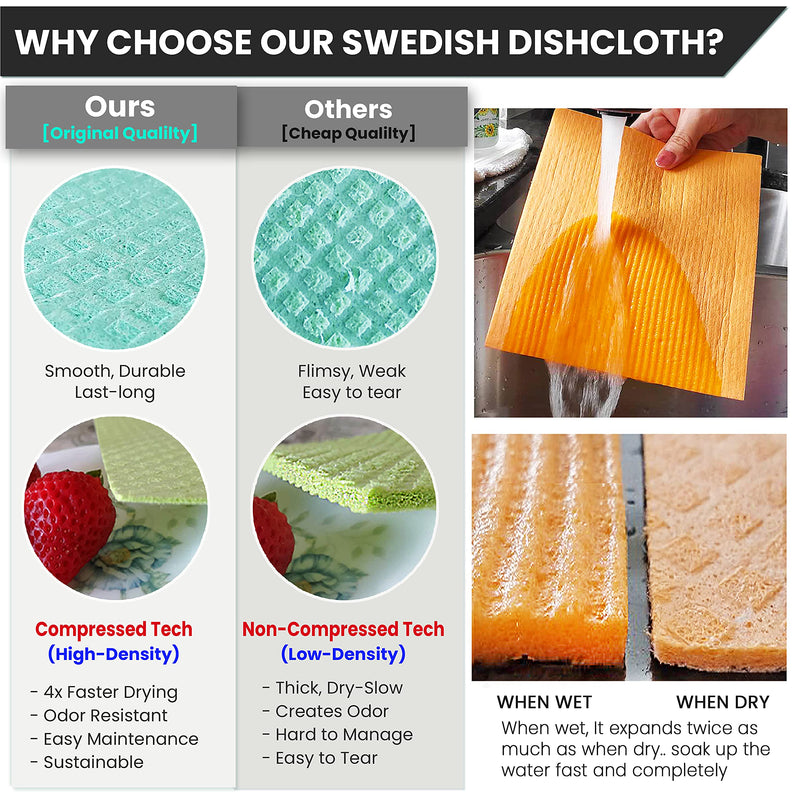 [12Pack+1Loofah Dish Sponge] 100% Natural Biodegradable Swedish Dishcloths for Kitchen | No-Discoloration, No-Odor, Super Absorbent Dish Sponge | Paper Towel, Dust Wipes Replacement [New Pattern] New Multi