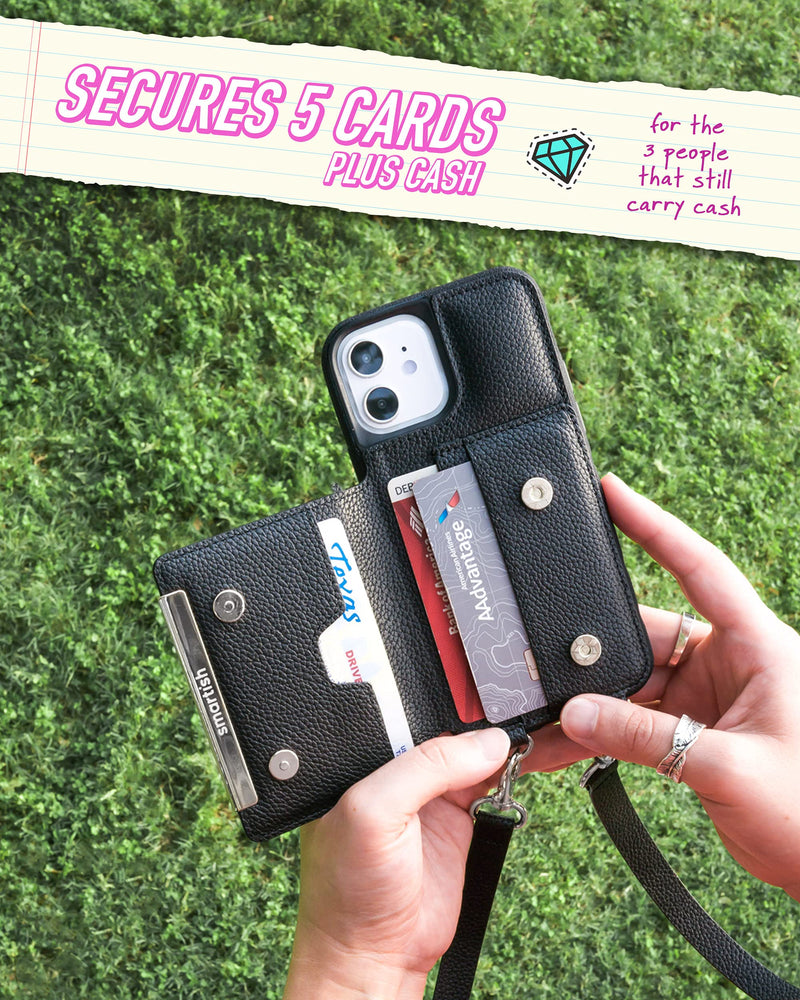 Smartish iPhone 12/12 Pro Crossbody Case for Women - Dancing Queen [Purse/Clutch with Detachable Strap & Card Holder] - Stiletto Black-Silver iPhone 12 / 12 Pro